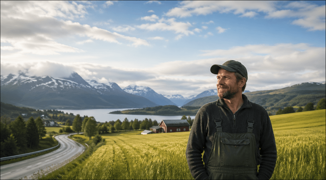Norsk bonde på Jæren med fjord og fjell i bakgrunnen